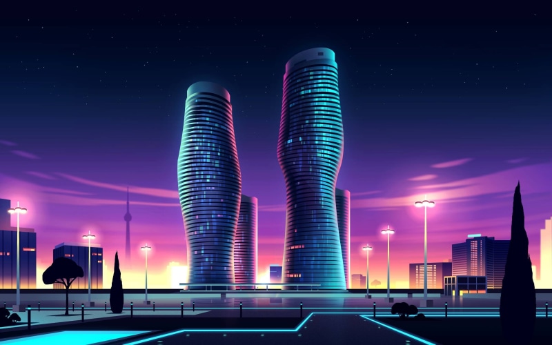 tower, building, futuristic, buildings, modern, cityscape, built Structure, skyscraper, colorful, speed, travel, downtown District, dusk, blue, road, sky