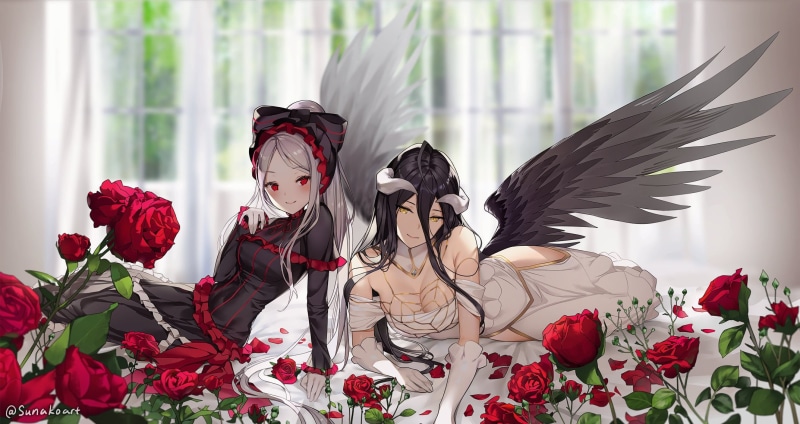 anime girls, 1080P, Overlord (anime), Shalltear, anime, demon girl, vampires, Albedo (OverLord), roses, wings