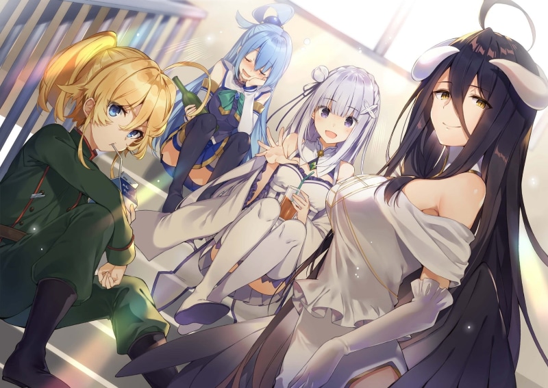 Aqua (KonoSuba), blue hair, Albedo (OverLord), anime girls, Tanya Degurechaff, 1080P, Isekai Quartet, blonde, white hair, long hair, Emilia (Re: Zero)