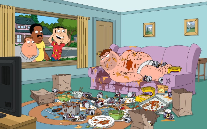 art and craft, representation, table, seat, no people, human representation, built structure, mammal, indoors, Peter Griffin, Cleveland Brown, Family Guy