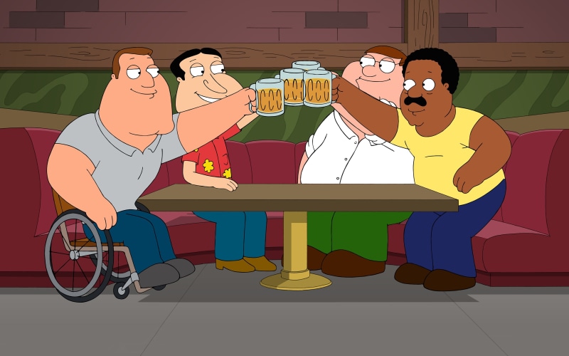food, cafe, Glenn Quagmire, 4K, men, males, beer, togetherness, sitting, lifestyles, Cleveland Brown, refreshment, seat, front view, drink, Joe Swanson