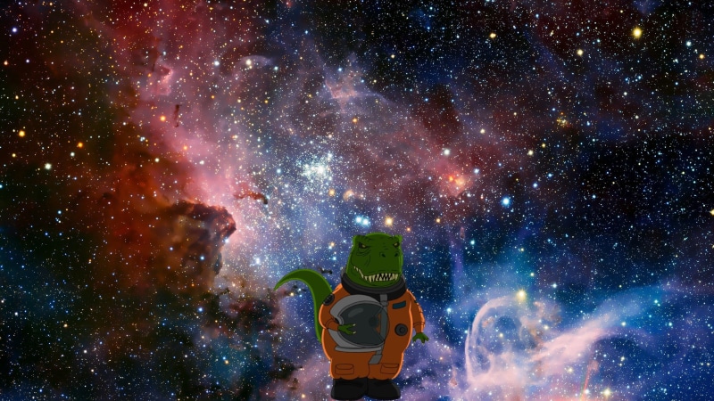 galaxy, astronaut, star field, green, dinosaurs, 2K, illuminated, constellation, illustration, space exploration, astronomy, Tyrannosaurus rex, technology
