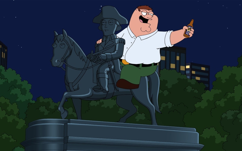sky, representation, art and craft, outdoors, night, Drunk, built structure, one person, Peter Griffin, Family Guy, tree, human representation, plant, nature