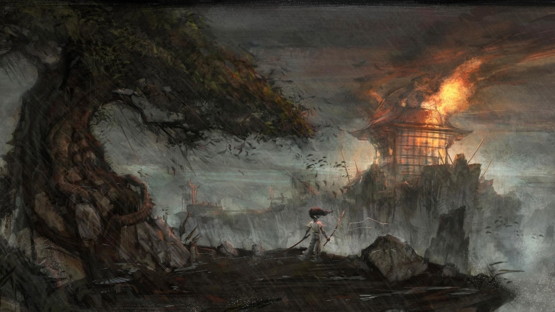 cave, one person, built structure, fire, fire - natural phenomenon, flame, environment, real people, nature, architecture, belief, indoors, tree, Afro Samurai