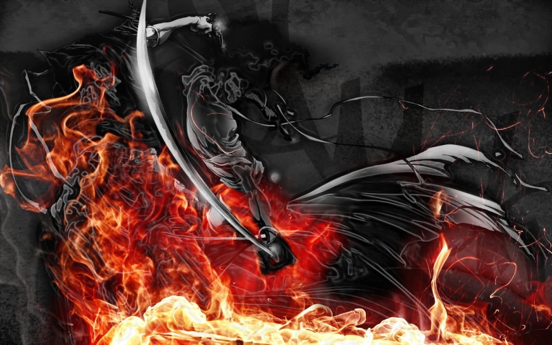 long exposure, red, nature, burning, blurred motion, glowing, bonfire, outdoors, flames, fire, environment, firewood, anime, Afro Samurai, digital