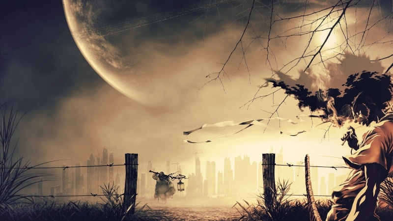 sunset, Afro Samurai: Resurrection, cloud - sky, nature, city, tranquility, water, flying, Afro Samurai, building exterior, Anime, architecture, sky, outdoors