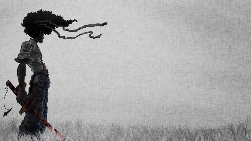 adult, young adult, copy space, field, profile view, nature, arms raised, land, hairstyle, full length, plant, standing, one person, afro samurai anime samurai katana