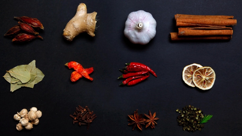 clove, still life, bay leaf, healthy eating, paprika, cinnamon, pepper, choice, wellbeing, garlic, ginger, chili, lime, variation, freshness, anise, directly above