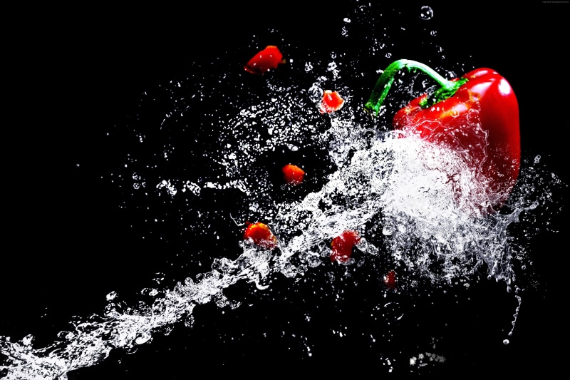 splash, water, 4K, paprika, vegetables, 4K
