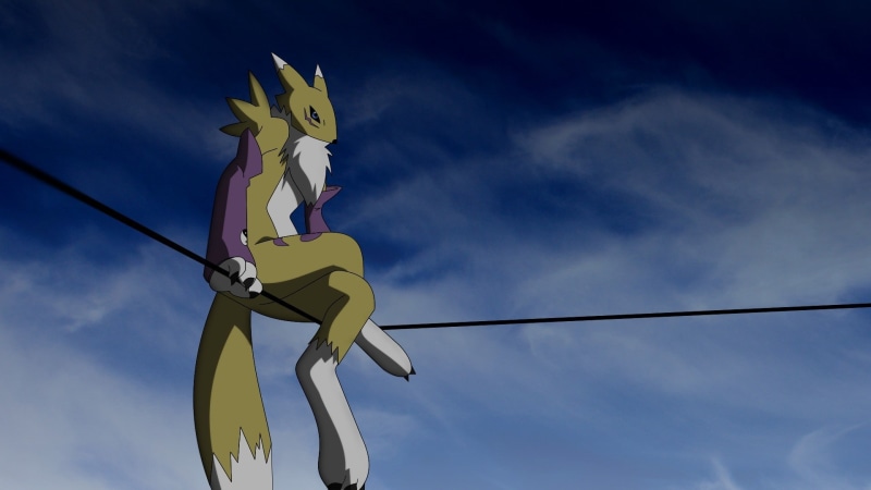 outdoors, cloud - sky, Digimon, low angle view, representation, connection, 1080P, yellow, blue, sky, emotion, bird, Anthro, Renamon, nature, transportation