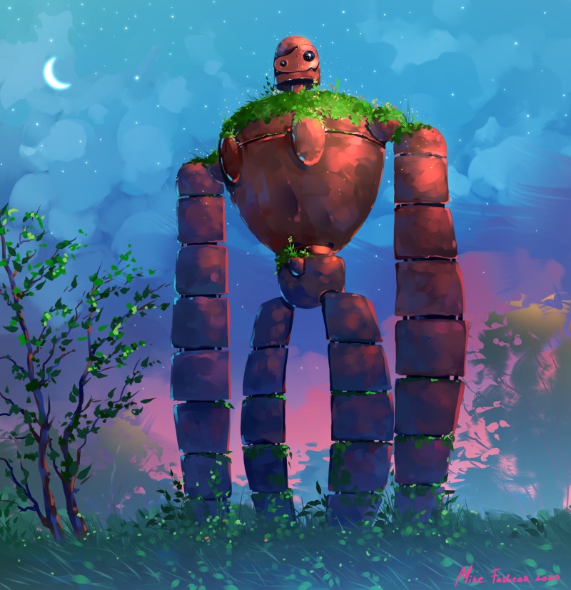 Moon, trees, overgrown, robot, Laputa: Castle in the Sky, stars, Laputa, crescent moon, Mike Fazbear, 1080P, illustration