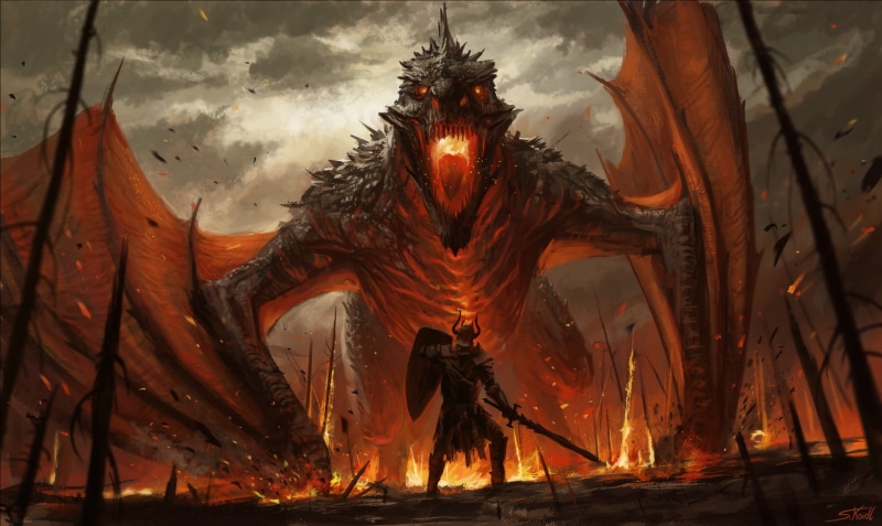 Monster, Art, Fantasy, Dragon, by Stefan Koidl, Fire, Wyvern Slayer, Fiction, 1080P, Illustration, Warrior, Stefan Koidl