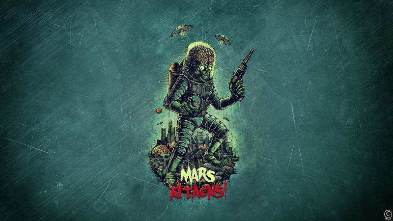 artwork, science fiction, Mars Attacks, humor, 1080P