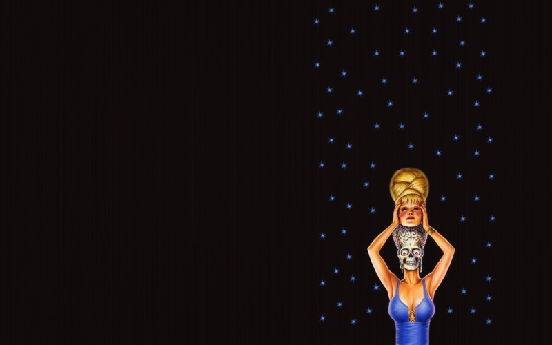 head, alien, strip, skull, brains, girl, the dark background, skeleton, Mars Attacks!, 1080P, minimalism, blue dress, stars, disguise, Martian