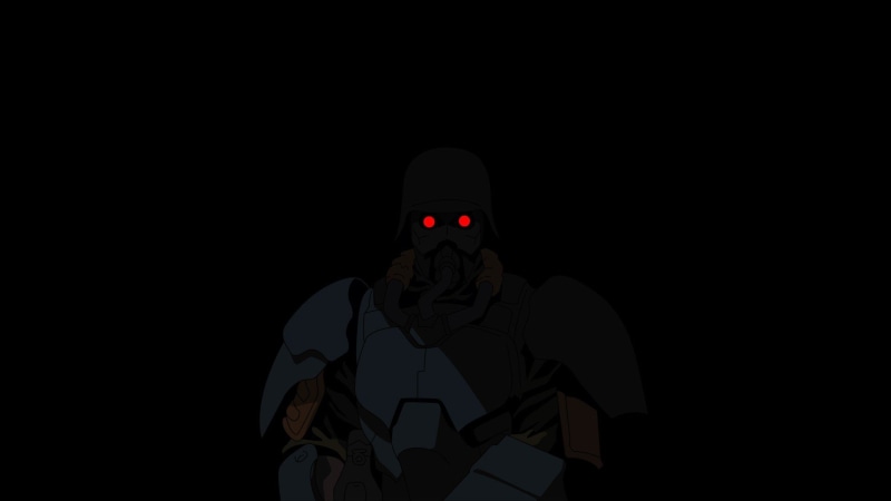 red eyes jin roh black anime dark, indoors, studio shot, creativity, male likeness, dark, 1080P, cut out, front view, night, copy space, human representation