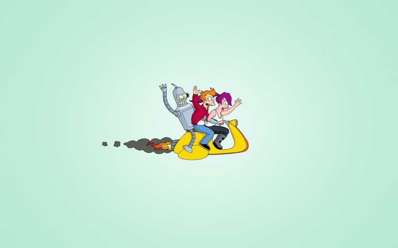 1080P, light background, minimalism, Futurama, A Bender Bender Rodriguez, smile, Turanga Leela, three, waving, robot, Philip J. Fry