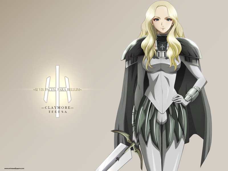hairstyle, portrait, adult, studio shot, holding, front view, blond hair, beautiful woman, Claymore (anime), women, young adult, clothing, 720P, representation