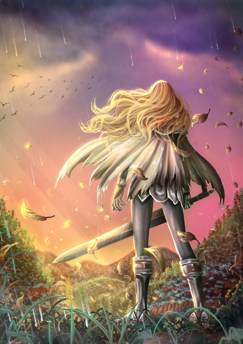1080P, vertical, 2D, thighs, armor, women with swords, Claymore (anime), anime girls, Teresa (Claymore), fan art, blond hair, long hair, forest