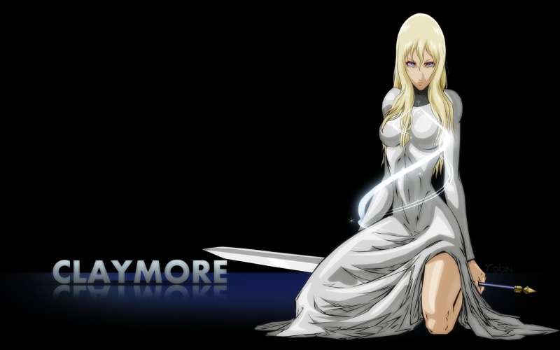 representation, indoors, full length, Anime, female likeness, hairstyle, black background, Claymore, text, studio shot, three quarter length, human representation