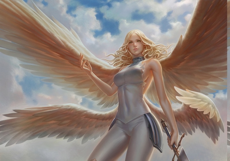hair, 480P, motion, sky, angel, teresa digital art claymore anime wings sword, low angle view, three quarter length, one person, adult, nature, day, young women