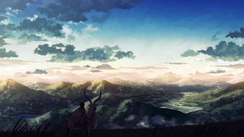 landscape, studio ghibli princess mononoke ashitaka mononoke yakuru landscape anime, mountain range, beauty in nature, outdoors, sunlight, mountain peak