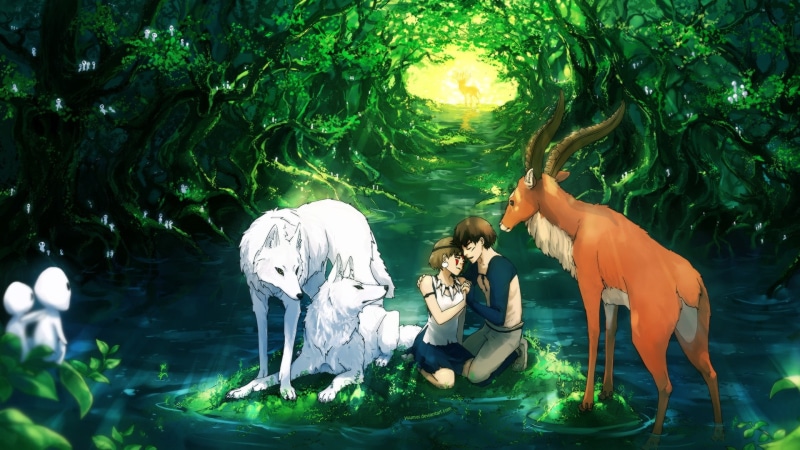 Anime, two people, green color, real people, animals, water, young adult, animal wildlife, nature, wolves, group of animals, lifestyles, ashitaka, togetherness