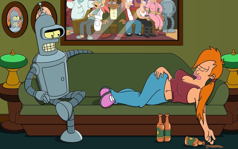 women, one animal, clothing, occupation, Bender, digital, people, child, mammal, sky, vertebrate, simpsons, 1080P, Turanga Leela, domestic