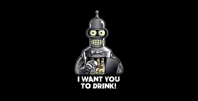 simple background, robot, Bender, alcohol, bottles, 1080P, cartoon, tv series, Futurama
