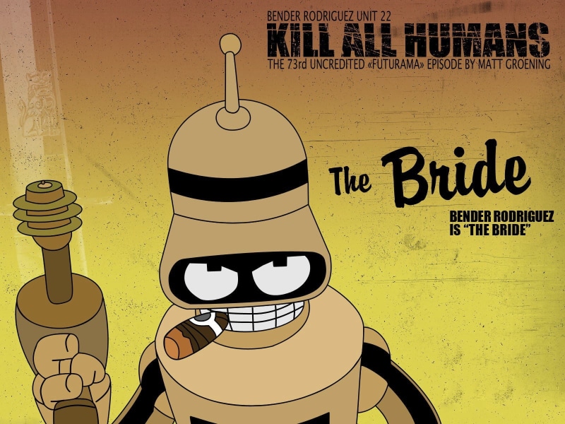 art and craft, cartoon, movie, clothing, technology, yellow, text, bride, representation, wall, Bender, hanging, communication, Futurama, creativity, indoors