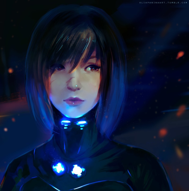 GANTZ:O, Gantz, portrait, headshot, 720P, one person, adult, hairstyle, front view, indoors, futuristic, studio shot, hair, light - natural phenomenon