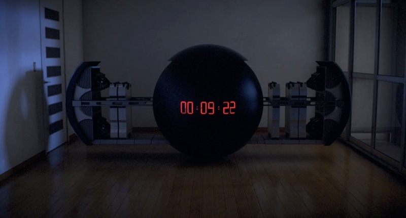 night, shape, 1080P, sign, communication, GANTZ:O, text, no people, indoors, sphere, red, dark, Gantz, building, illuminated, city, western script, architecture