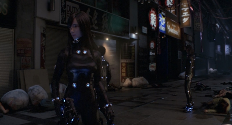 science fiction, protection, one person, city life, 1080P, outdoors, Gantz, domestic animals, front view, adult, mammal, architecture, night, street, full length