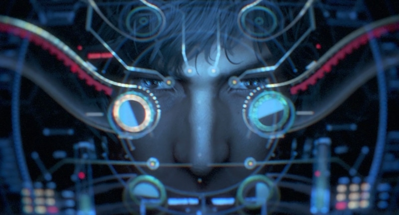 cable, people, human eye, science, indoors, human body part, GANTZ:O, close-up, Gantz, computer, futuristic, eyesight, body part, front view, technology