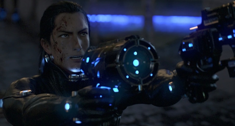 mid adult, illuminated, 1080P, GANTZ:O, concentration, one person, night, security, holding, Gantz, human body part, adult, technology, confidence, protection