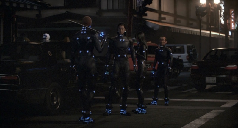 standing, architecture, night, land vehicle, city life, Gantz, science fiction, front view, 1080P, transportation, street, car, city, GANTZ:O, adult, building exterior