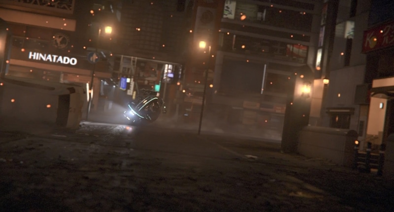 night, transportation, street, city street, built structure, the way forward, land vehicle, GANTZ:O, no people, lighting equipment, road, headlight, city