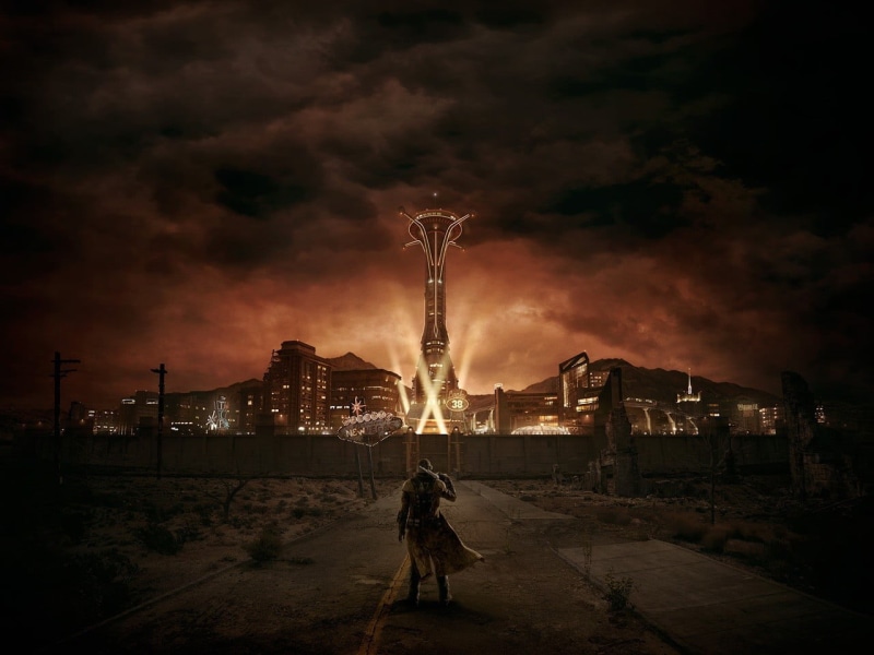 night, building, unrecognizable person, sign, Fallout: New Vegas, outdoors, cloud - sky, city, landscape, one person, 720P, rear view, warning sign, full length