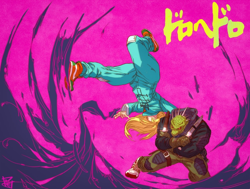 simple background, Caiman (Dorohedoro), Dorohedoro, anime, 1080P, digital art, concept art, fan art, anime girls, Nikaido (Dorohedoro), artwork, Gue Yang