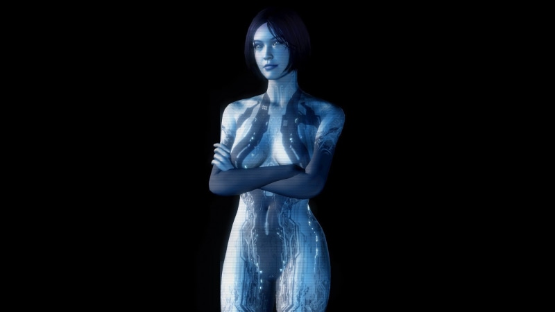 games, waist up, cortana, illuminated, studio shot, hairstyle, casual clothing, 1080P, technology, indoors, blue, front view, human representation, young adult