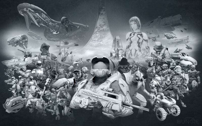 retail, anime, sculpture, artwork, characters, statue, creativity, Covenant, male likeness, Cortana, large group of people, video games, large group of objects