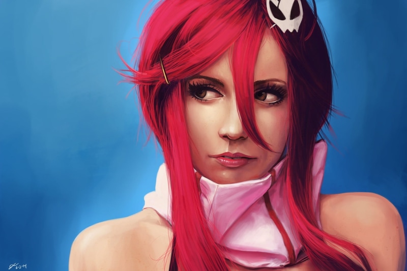 beauty, fan art, character, blue background, glamour, portrait, anime, artwork, beautiful woman, redhead, anime girls, digital, human hair, female, adult