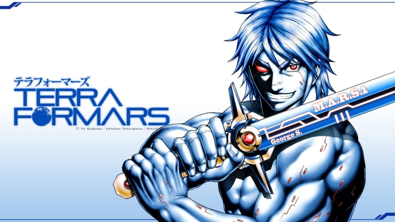 text, art and craft, metal, looking at camera, Anime, female likeness, three quarter length, Terra Formars, day, young adult, Joseph Gustav Newton, male likeness