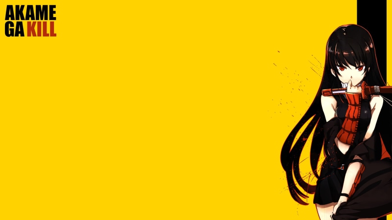 yellow background, Akame ga Kill!, yellow, Kill Bill, black dress, white skin, simple background, simple, dark hair, anime, 2K, Akame, anime girls, minimalism