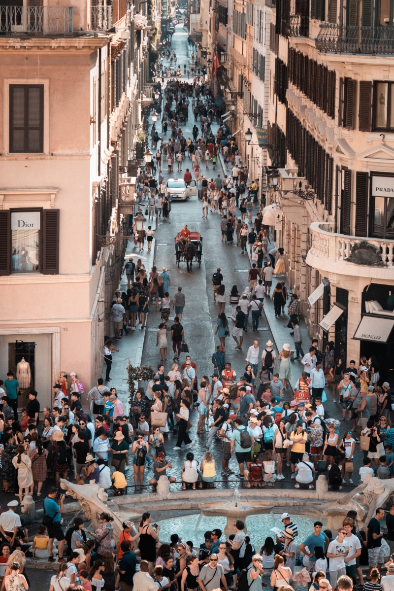 piazza, sun, highstreet, transportation, shops, real people, color, day, street, building exterior, city, 5K, spanishsteps, large group of people, high angle view