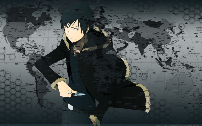 travel, front view, map, looking, waist up, 1080P, communication, male, standing, anime, people, indoors, planning, Orihara Izaya, world map, digital composite