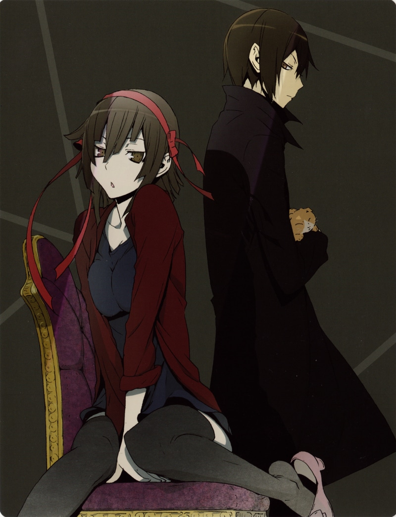 sitting, three quarter length, two people, adult, hood - clothing, red, studio shot, disguise, women, mask - disguise, human skeleton, clothing, Hijiribe Ruri