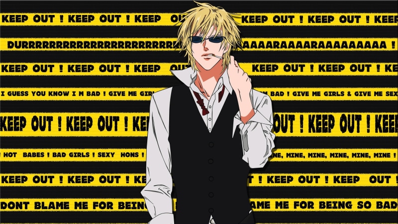 standing, three quarter length, western script, portrait, Durarara!!, women, text, sunglasses, beautiful woman, anime boys, indoors, police tape, front view