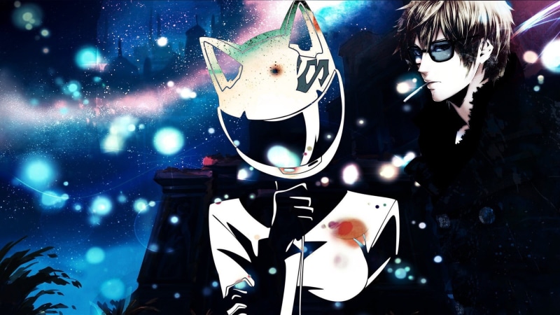 men, outdoors, black, one person, obscured face, mask, night, sunglasses, focus on foreground, representation, Durarara!!, Heiwajima Shizuo, anime, celebration