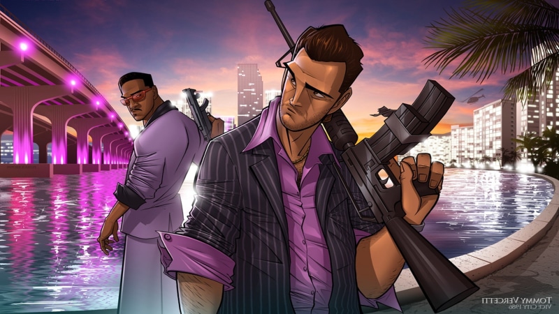 architecture, women, enjoyment, grand theft auto vice city pc gaming tommy vercetti lance vance, smiling, arts culture and entertainment, standing, night