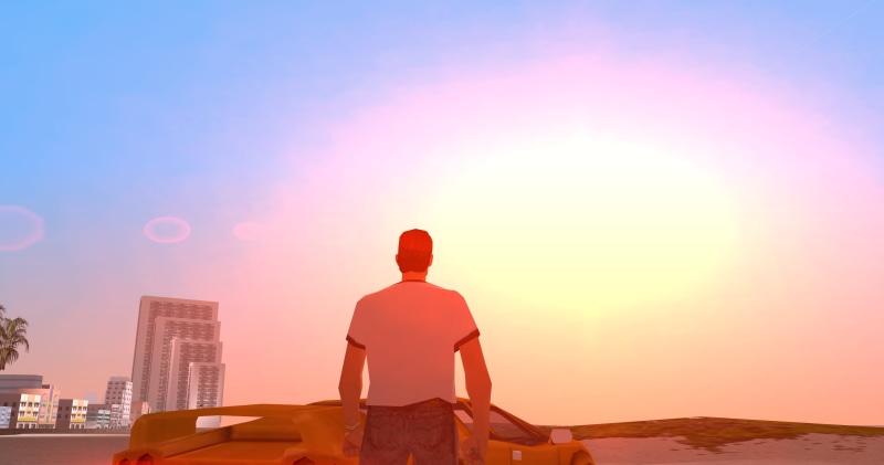 Tommy Vercetti, Grand Theft Auto Vice City, sunset, sun rays, Florida, yellow cars, beach, Miami, 2K, Lamborghini Diablo, building